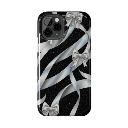 Silver Ribbon Bow Tough Phone Case — Glitter Black Protective Phone Case