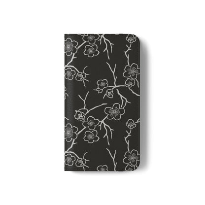 Black Cherry Blossom Flip Phone Case – Floral Wallet Flip Case with Card Slots