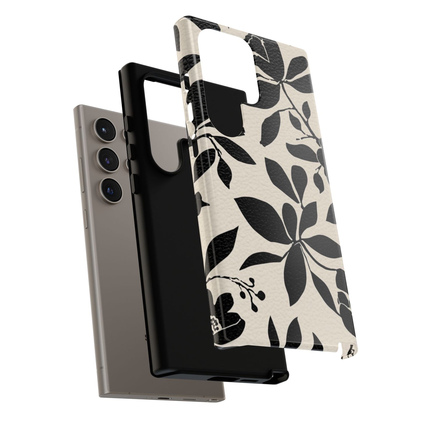 Black Floral Pattern Phone Case — Monochrome Botanical Tough Case