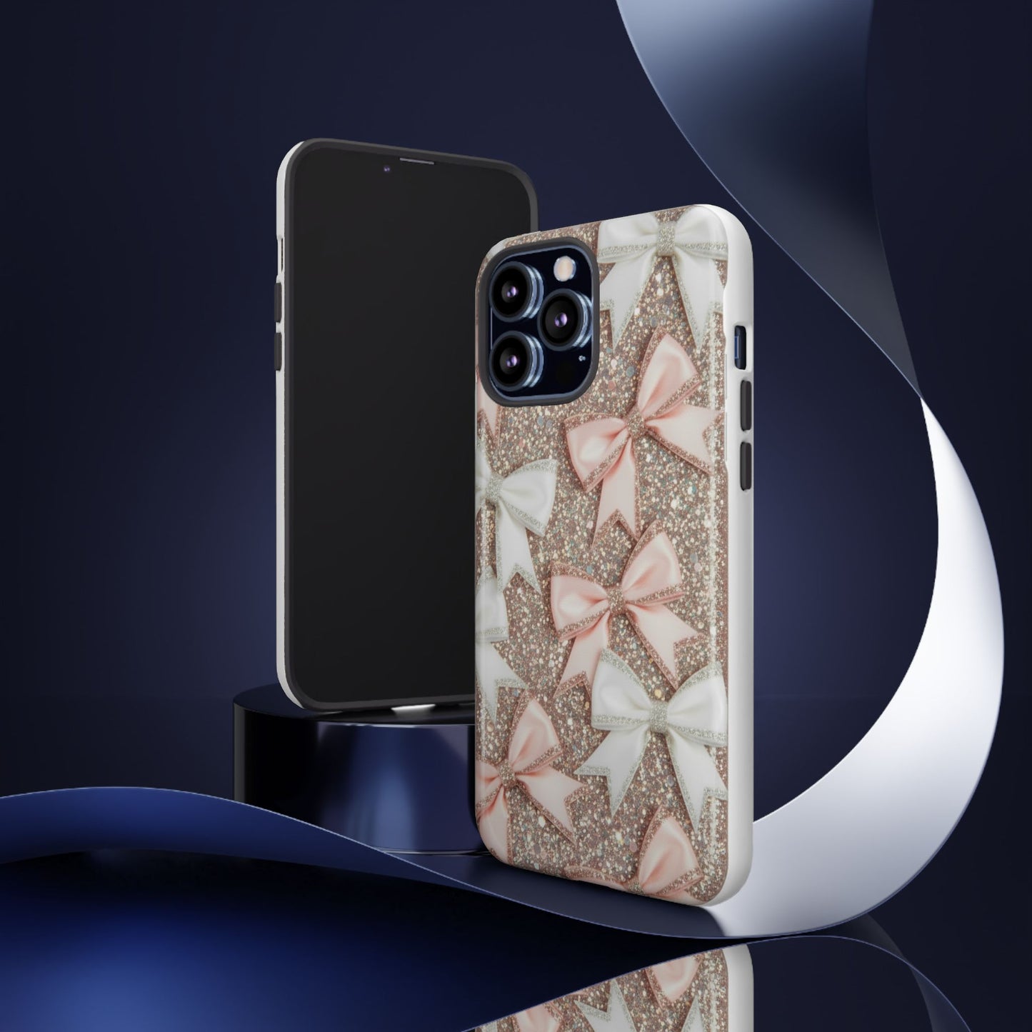 Glitter Bow Tough Phone Case — Pink & White Ribbon Protective Cover