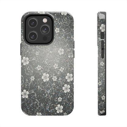 Floral Sparkle Tough Phone Case — Black & Silver Vintage Blossom
