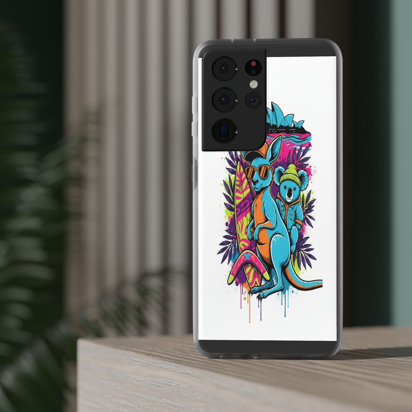 Kangaroo & Koala Surf Phone Case — Neon Aussie Beach Vibes Flexible Case