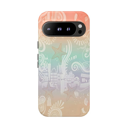 Tough Cases: Pastel Beach Pattern Phone Case — Starfish & Coastal Cityscape Protective Cover