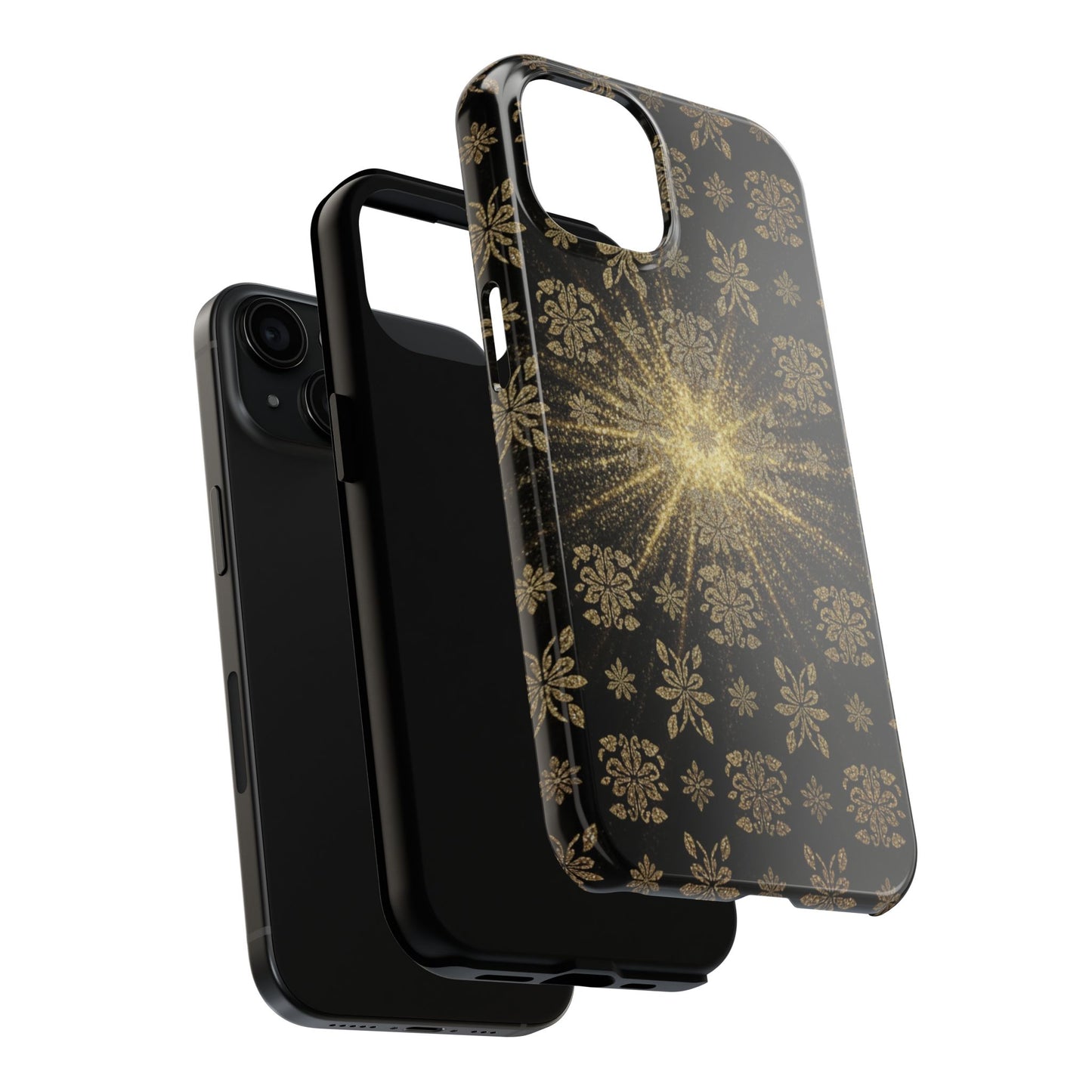 Glitter Burst Tough Phone Case — Black & Gold Floral Protective Cover
