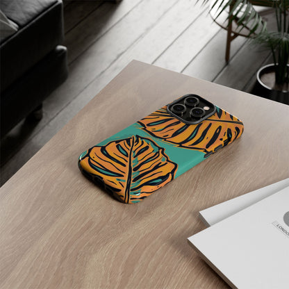 Tropical Leaf Tough Phone Case — Orange Monstera Design on Teal