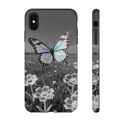 Butterfly Field Tough Phone Case — Pastel Holographic Butterfly on Black & White Floral Background