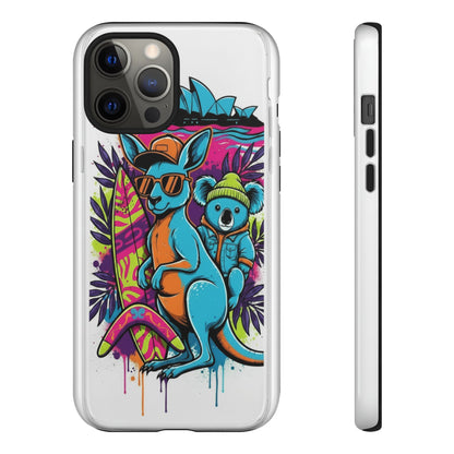 Kangaroo & Koala Surf Phone Case — Retro Neon Beach Art Tough Case
