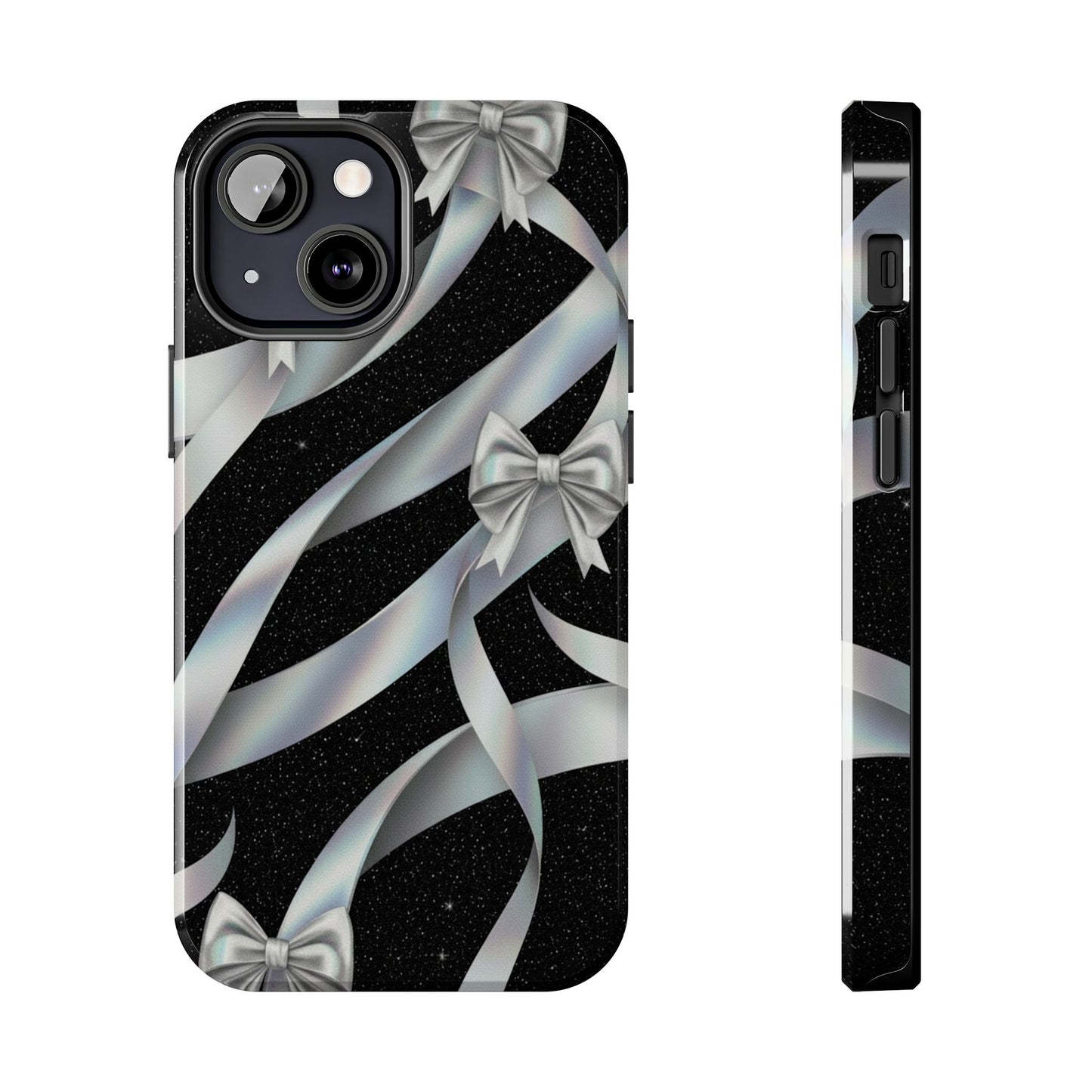 Silver Ribbon Bow Tough Phone Case — Glitter Black Protective Phone Case