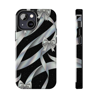 Silver Ribbon Bow Tough Phone Case — Glitter Black Protective Phone Case