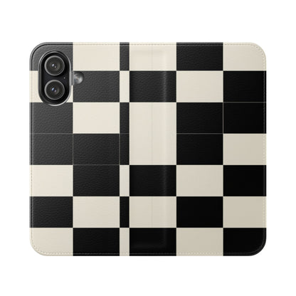 Checkered Flip Phone Case – Black & Cream Retro Grid Wallet Case