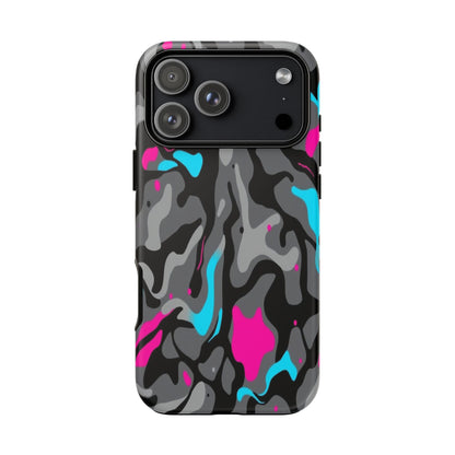 Camouflage Phone Case — Gray Camo with Neon Pink & Cyan Accent Tough Protective Cover