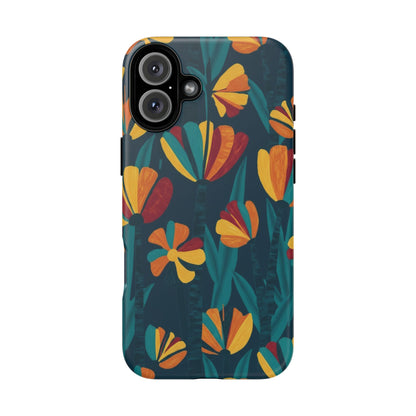 Floral Retro Teal Tough Phone Case — Vibrant Orange & Mustard Blooms