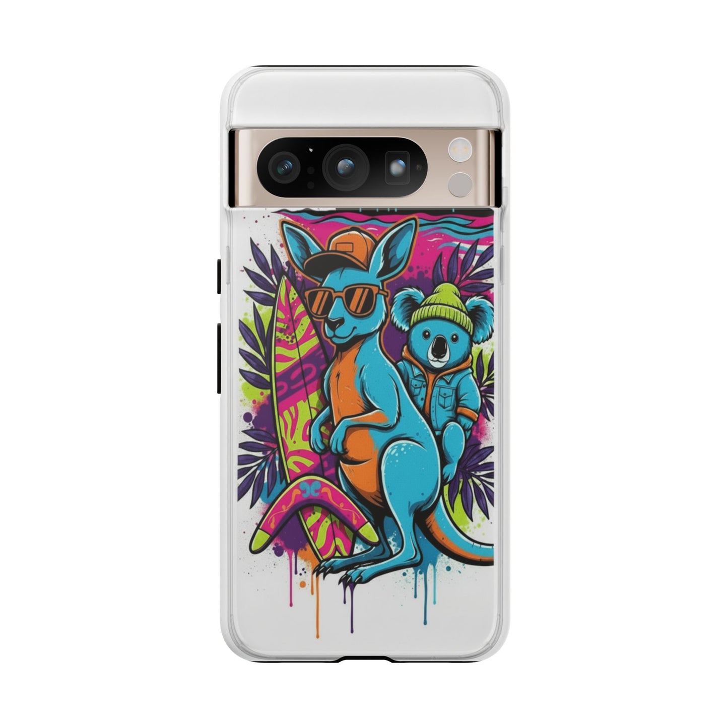 Kangaroo & Koala Surf Phone Case — Retro Neon Beach Art Tough Case