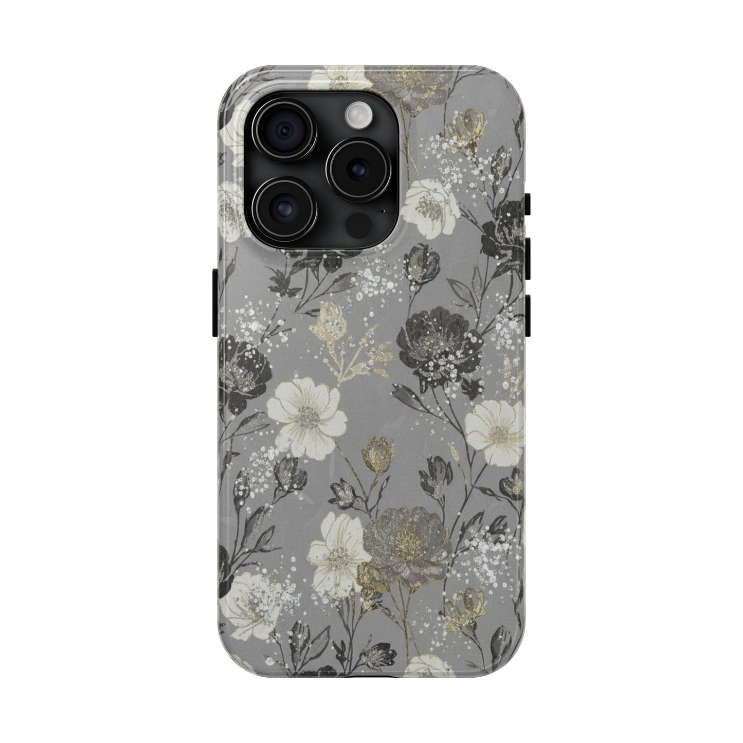 Floral Gray Tough Phone Case — Elegant Protective Phone Cover with Gold Accent