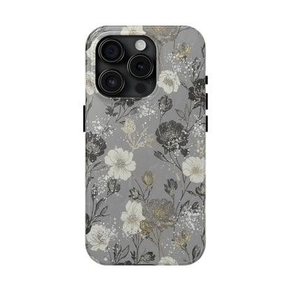 Floral Gray Tough Phone Case — Elegant Protective Phone Cover with Gold Accent
