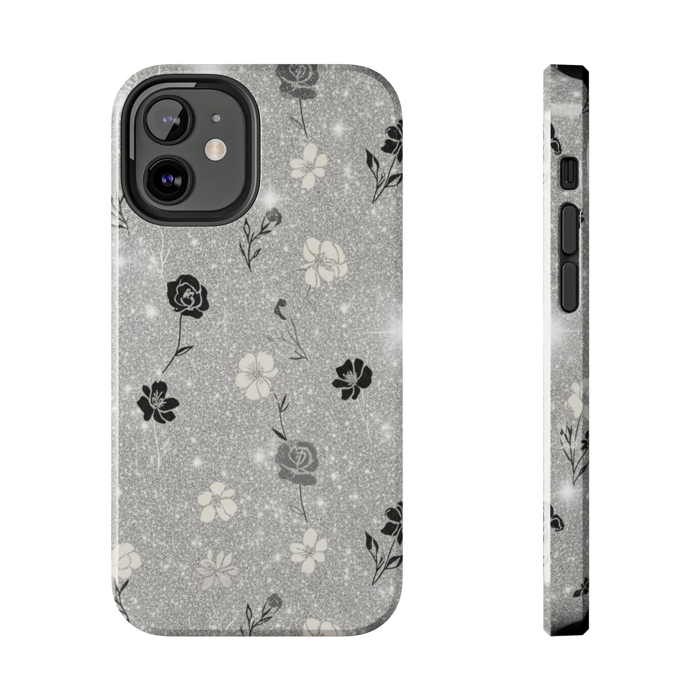 Floral Glitter Tough Phone Case — Black & Silver Vintage Flower Protective Cover