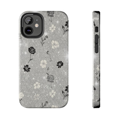 Floral Glitter Tough Phone Case — Black & Silver Vintage Flower Protective Cover