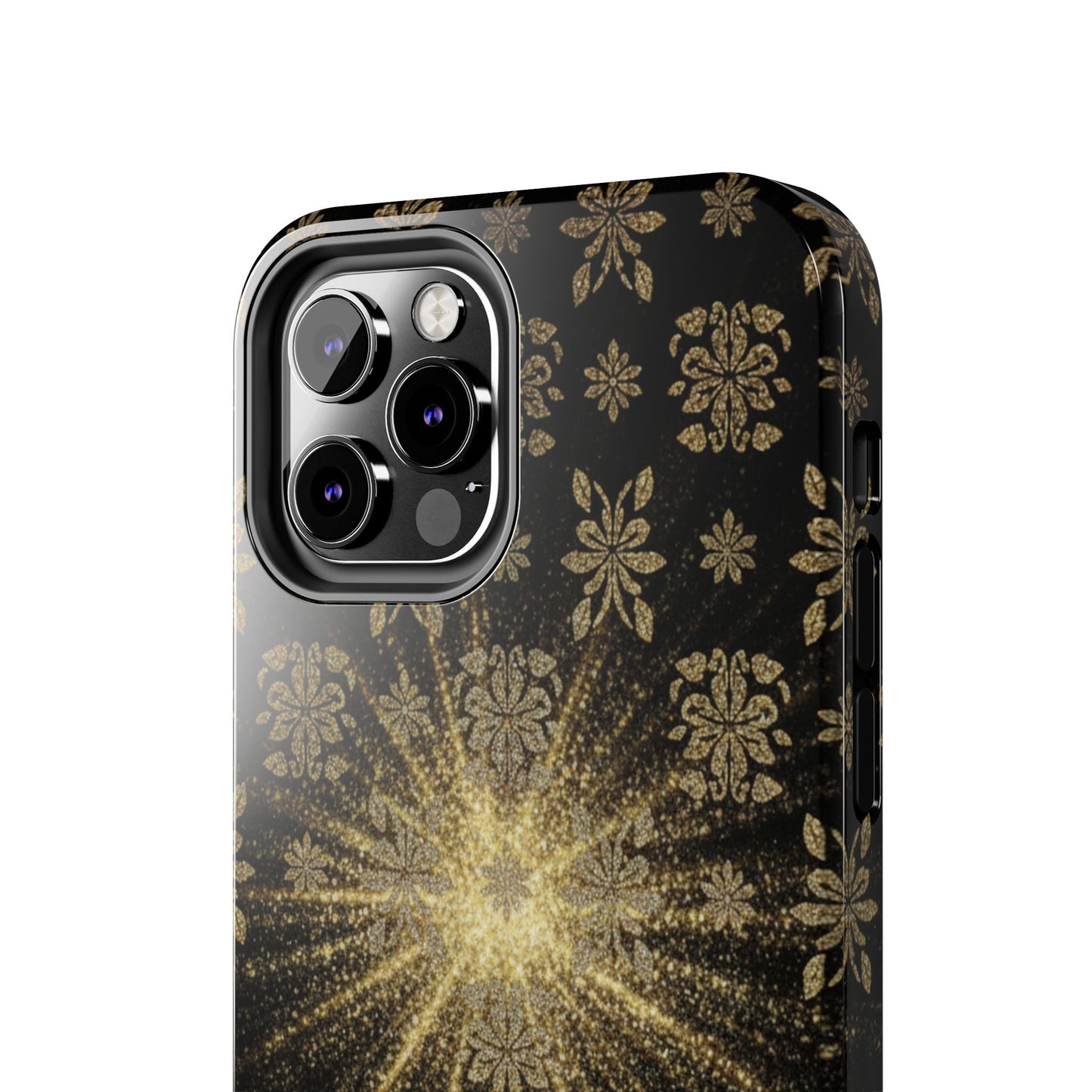 Glitter Burst Tough Phone Case — Black & Gold Floral Protective Cover