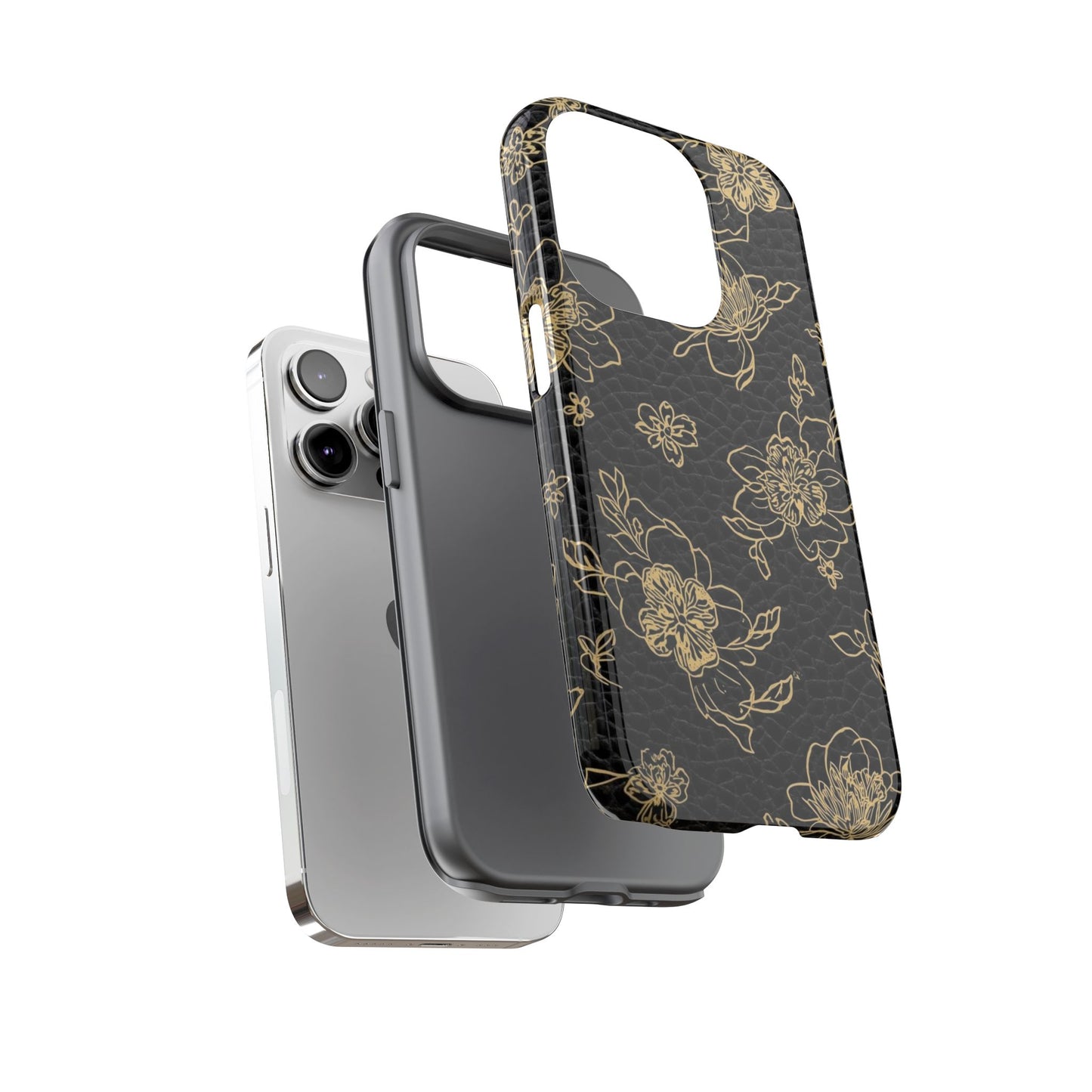 Floral Leather Phone Case — Gold Outline Flowers on Black Tough Case