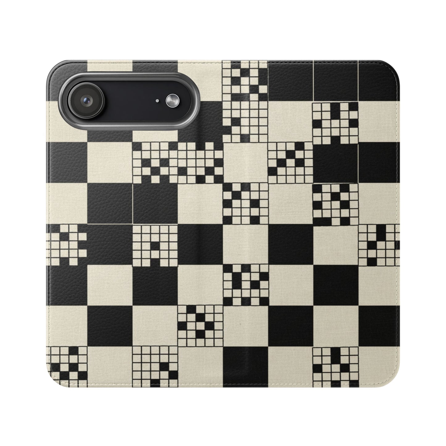 Checkerboard Flip Phone Case – Retro Black & Cream Geometric Wallet Case