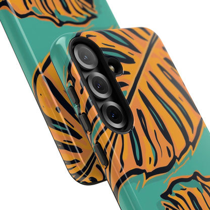 Tropical Leaf Tough Phone Case — Orange Monstera Design on Teal
