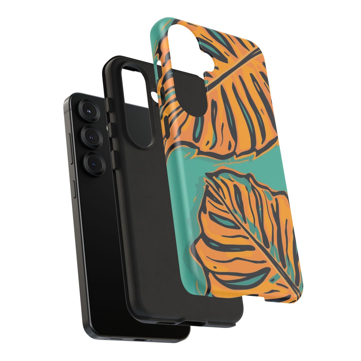 Tropical Leaf Tough Phone Case — Orange Monstera Design on Teal