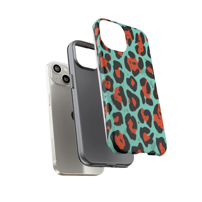 Leopard Print Tough Phone Case — Teal & Rust Protective iPhone Cover