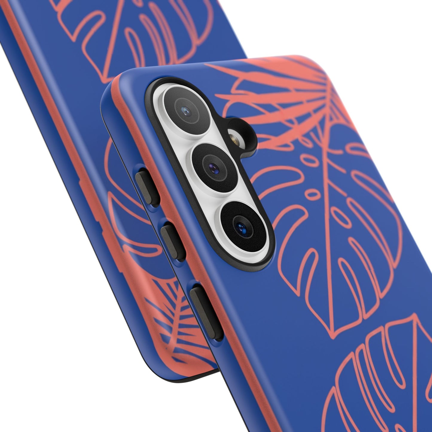 Tropical Monstera Phone Case — Blue & Coral Leaf Protective Cover