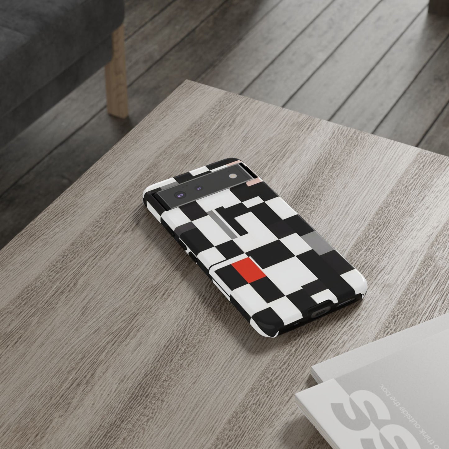 Abstract Geometric Phone Case – Black & White Checker Grid with Red Accent