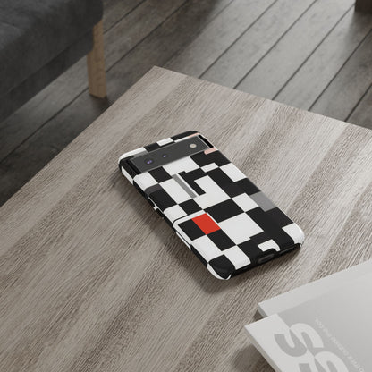 Abstract Geometric Phone Case – Black & White Checker Grid with Red Accent