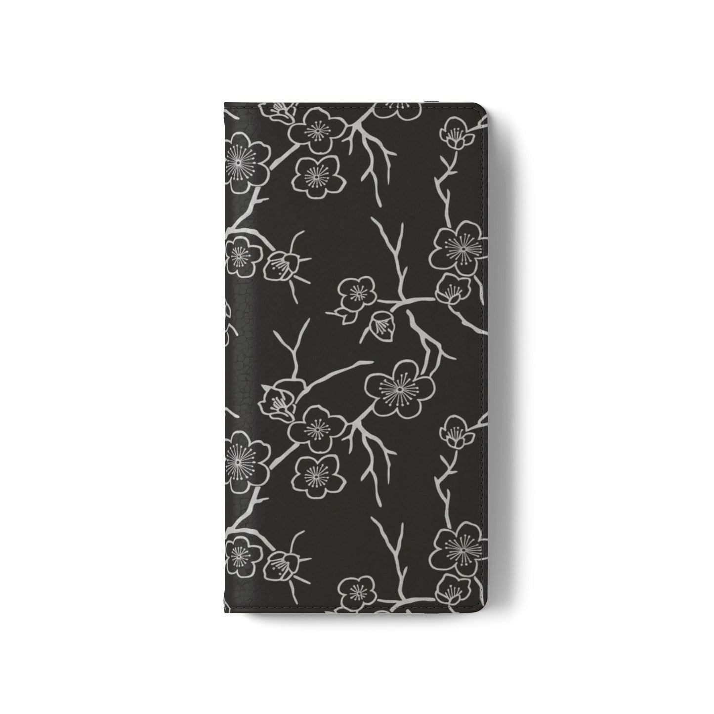Black Cherry Blossom Flip Phone Case – Floral Wallet Flip Case with Card Slots