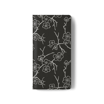 Black Cherry Blossom Flip Phone Case – Floral Wallet Flip Case with Card Slots