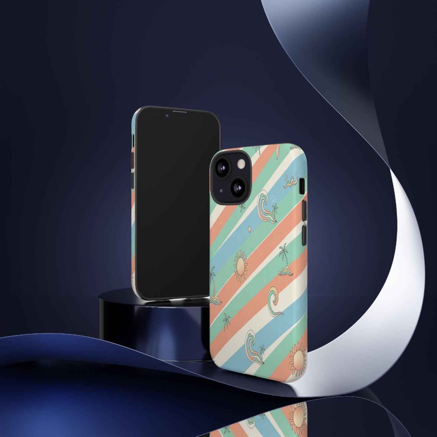 Retro Beach Stripes Phone Case — Sun, Waves & Palm Pattern Tough Case