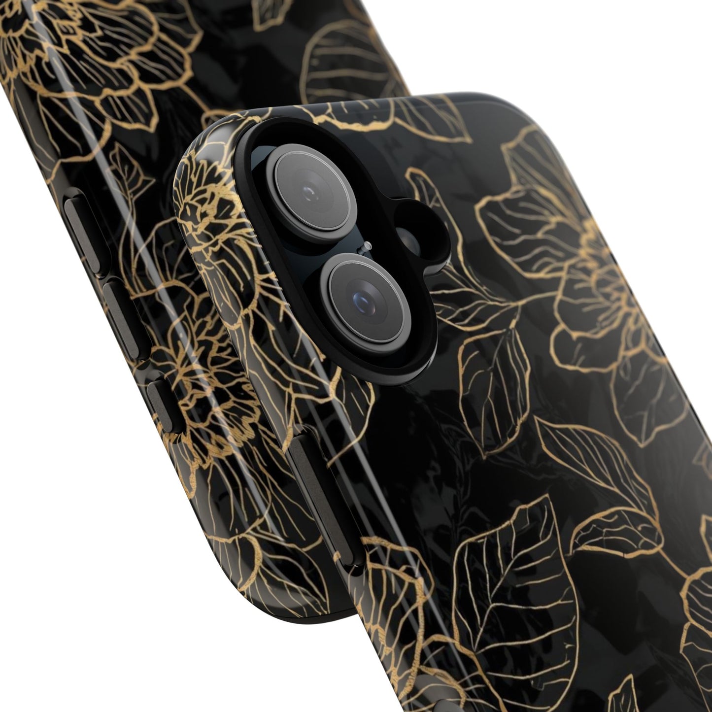 Floral Gold Outline Tough Phone Case – Black Botanical Protective Cover