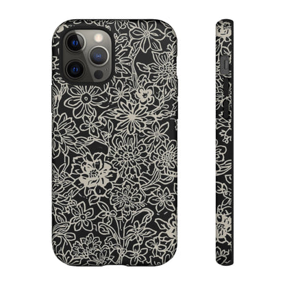 Floral Doodle Tough Phone Case — Black & White Sketch Flower Protective Cover