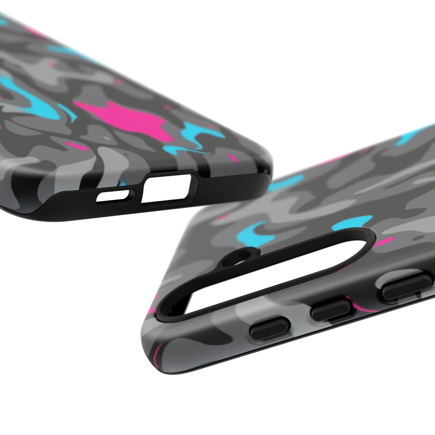 Camouflage Phone Case — Gray Camo with Neon Pink & Cyan Accent Tough Protective Cover