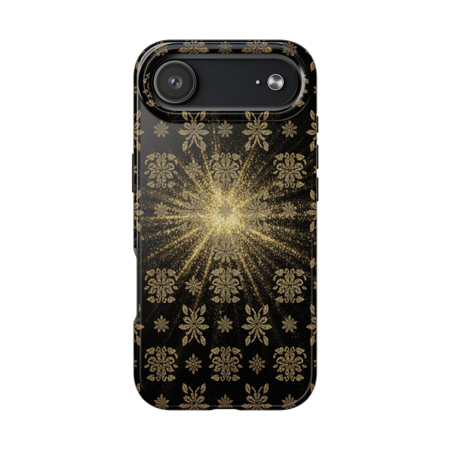 Glitter Burst Tough Phone Case — Black & Gold Floral Protective Cover
