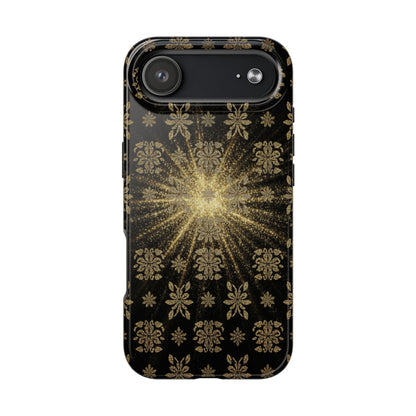 Glitter Burst Tough Phone Case — Black & Gold Floral Protective Cover