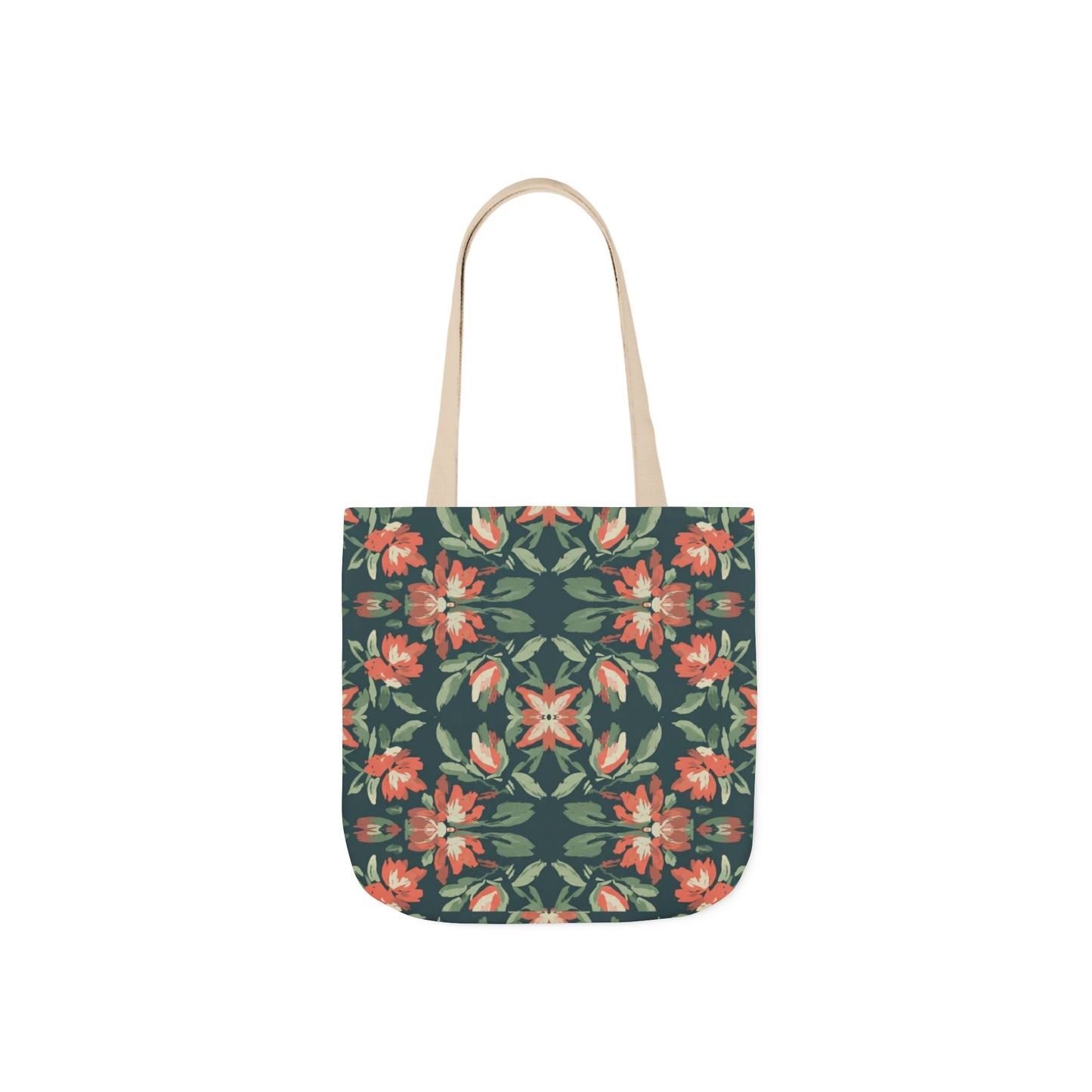 Floral Kaleidoscope Canvas Tote Bag — Green & Coral Patterned Market Tote
