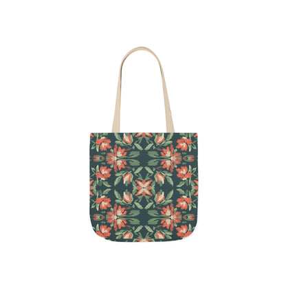 Floral Kaleidoscope Canvas Tote Bag — Green & Coral Patterned Market Tote