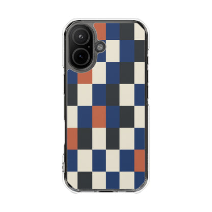 Clear Magnetic Phone Case — Retro Checkerboard Pattern (Blue, Black & Rust)