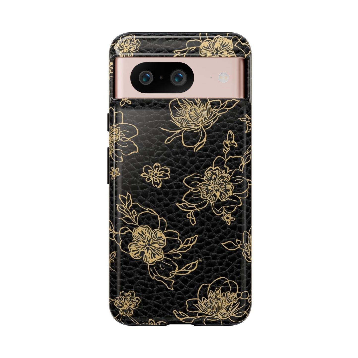 Floral Leather Phone Case — Gold Outline Flowers on Black Tough Case