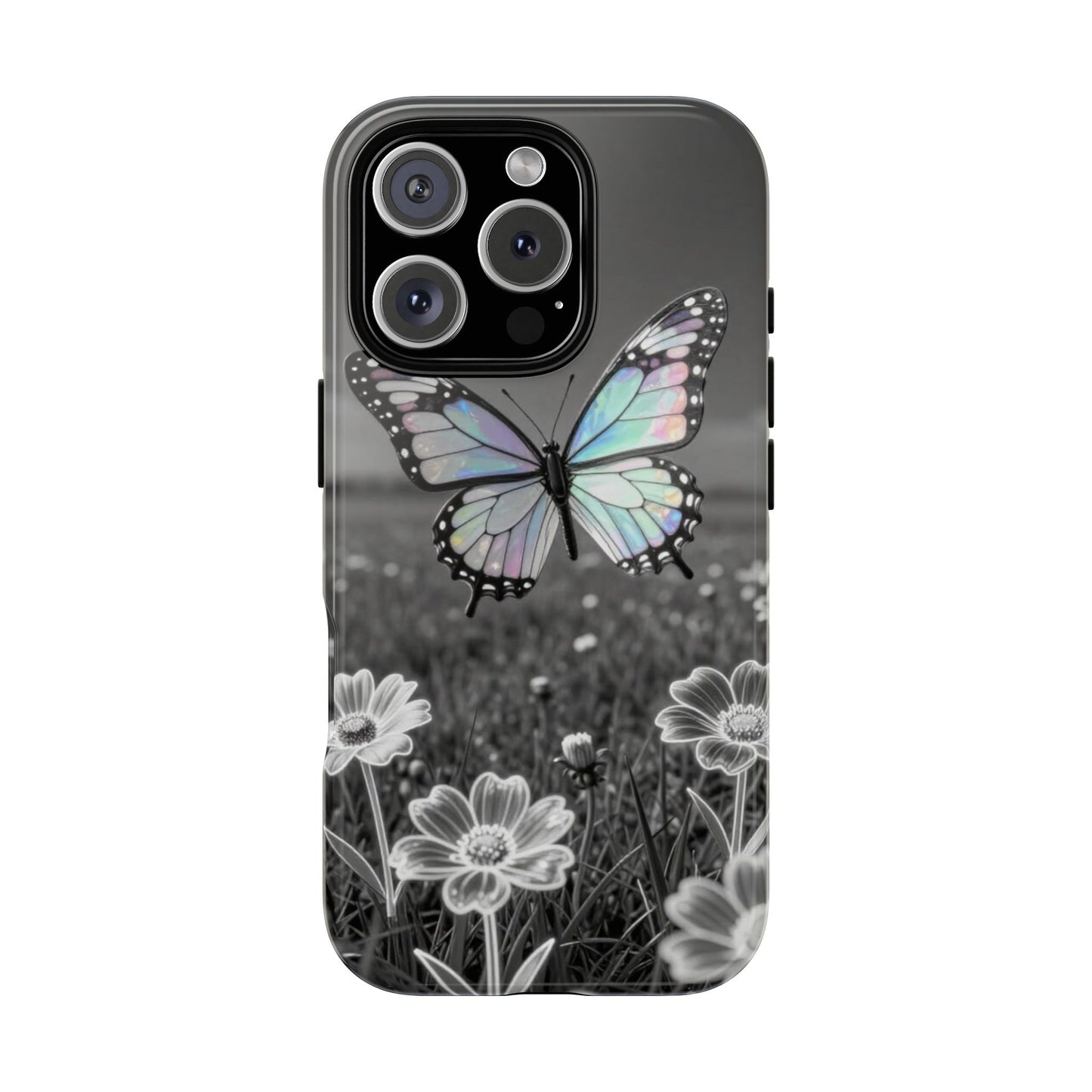 Butterfly Field Tough Phone Case — Pastel Holographic Butterfly on Black & White Floral Background