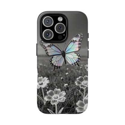 Butterfly Field Tough Phone Case — Pastel Holographic Butterfly on Black & White Floral Background