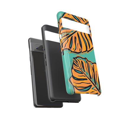 Tropical Leaf Tough Phone Case — Orange Monstera Design on Teal