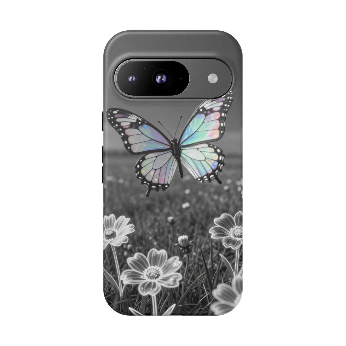 Butterfly Field Tough Phone Case — Pastel Holographic Butterfly on Black & White Floral Background