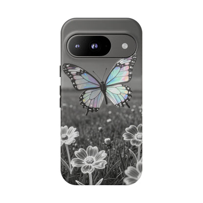 Butterfly Field Tough Phone Case — Pastel Holographic Butterfly on Black & White Floral Background