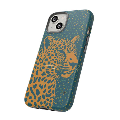 Leopard Print Tough Phone Case — Gold Panther on Teal, Protective iPhone Cover