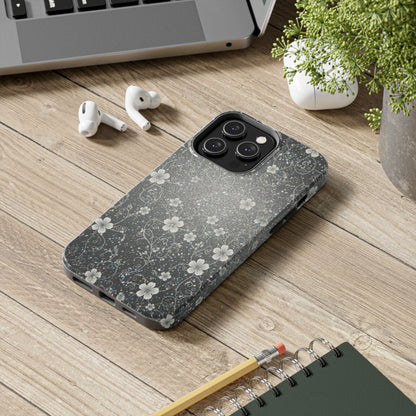 Floral Sparkle Tough Phone Case — Black & Silver Vintage Blossom