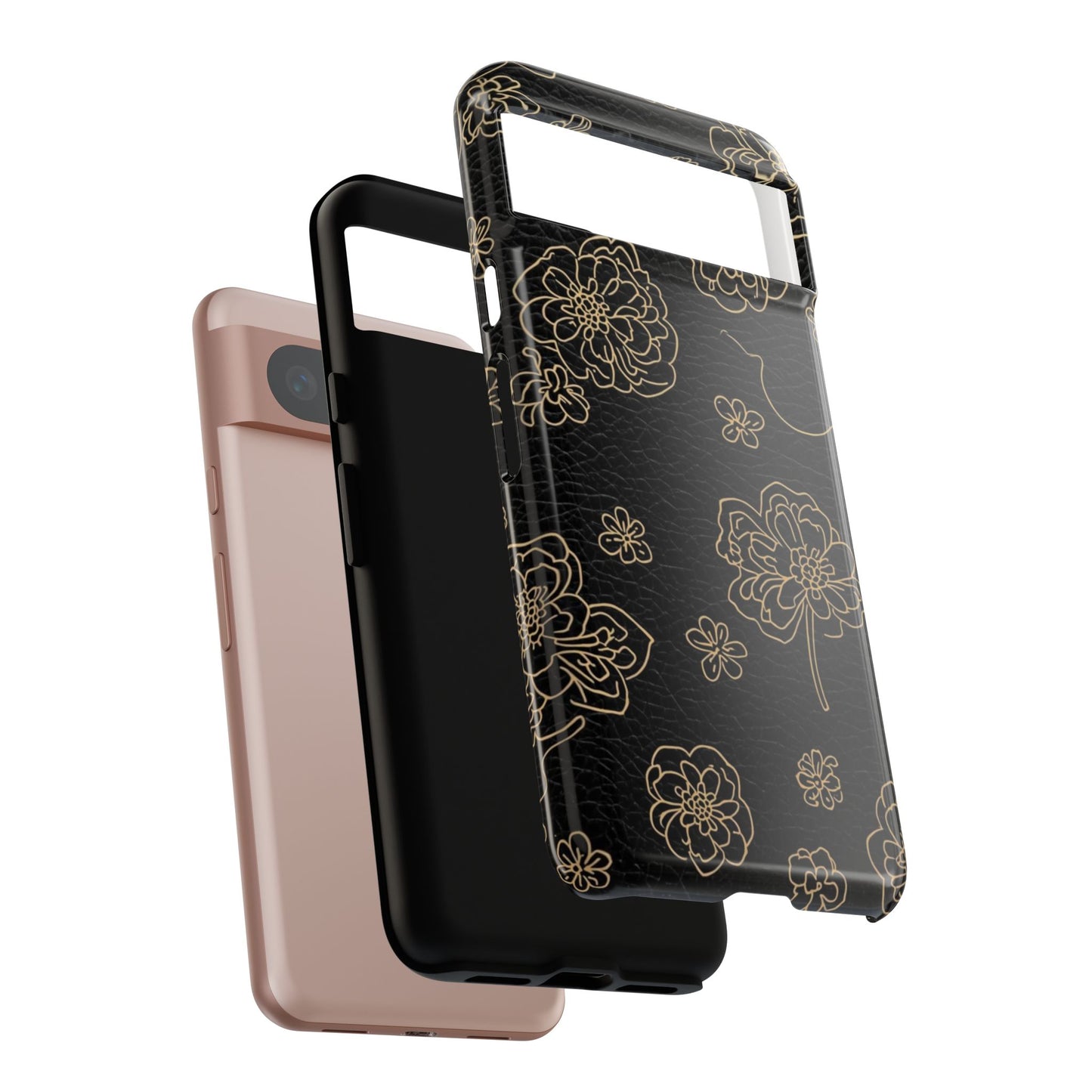 Floral Leather-Texture Tough Case – Black Gold Outline Phone Cover